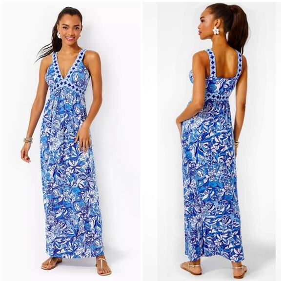 Lilly Pulitzer Serena V-Neck Maxi Dress Blue Tang Flocking Fabulous Size 6 - Picture 1 of 14